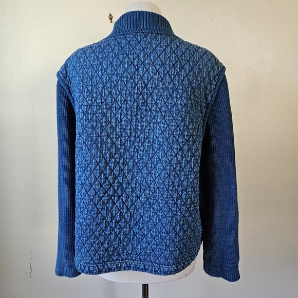 Vintage 90s Y2K Blast Indigo Blue Quilted Body Knit Sleeves Zip Jacket Sweater L - Picture 6 of 9